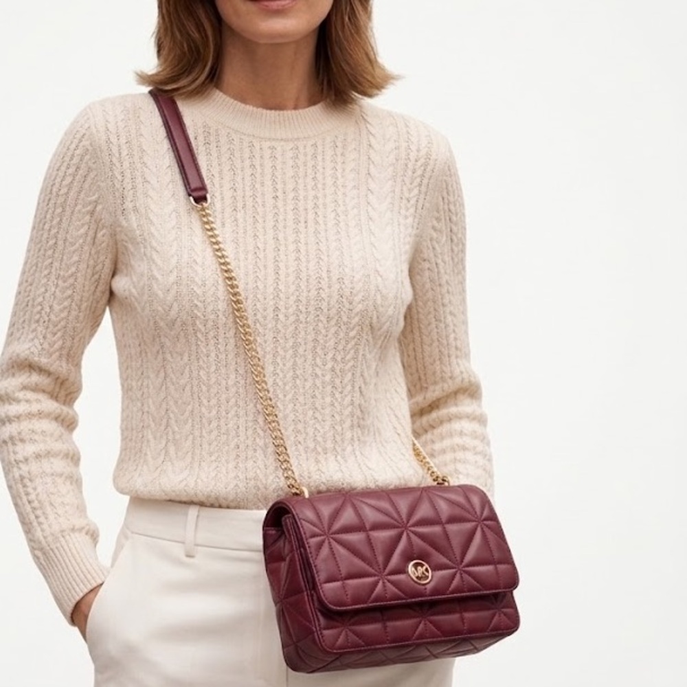 NWT Michael Kors Abbott MD Flap Quilted Leather Chain Shoulder Bag Dark Berry